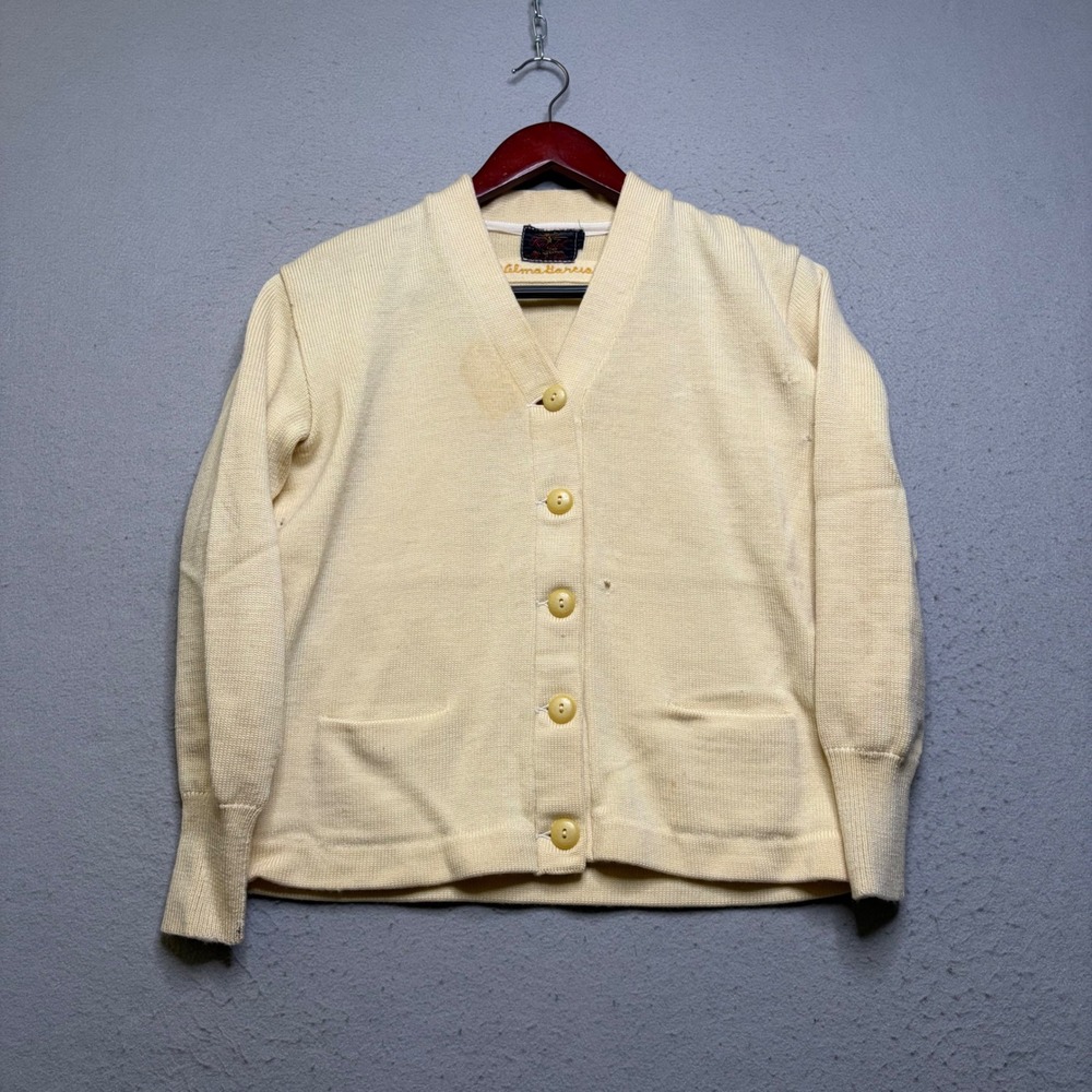 Kandel Cardigan Sweater Mens S Cream Vintage 40s 50s Virgin Wool Distressed